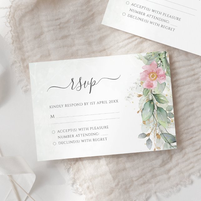 Elegant Eucalyptus Leaves Greenery Gold Wedding RSVP Card (Creator Uploaded)