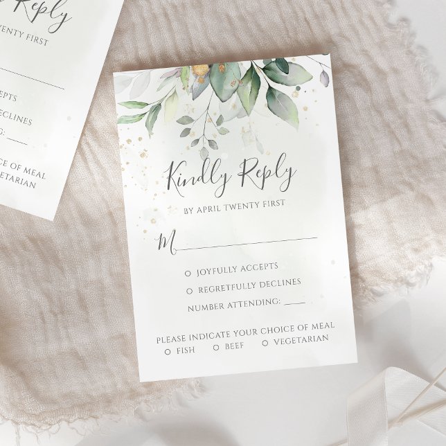 Elegant Eucalyptus Leaves Greenery Gold Wedding RSVP Card (Creator Uploaded)