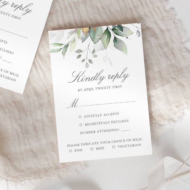 Elegant Eucalyptus Leaves Greenery Gold Wedding RSVP Card (Creator Uploaded)