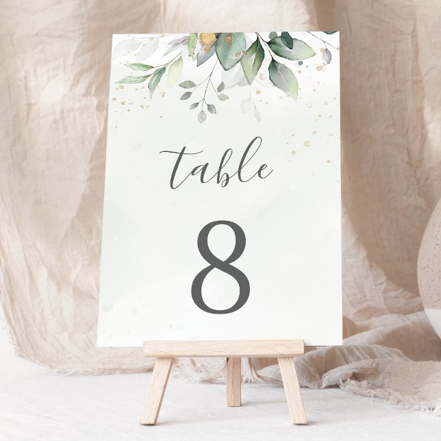 Elegant Eucalyptus Leaves Greenery Gold Wedding Table Number (Creator Uploaded)