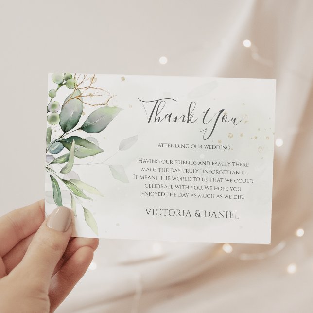 Elegant Eucalyptus Leaves Greenery Gold Wedding Thank You Card (Creator Uploaded)
