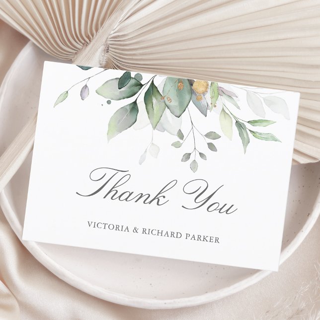 Elegant Eucalyptus Leaves Greenery Gold Wedding Thank You Card (Creator Uploaded)