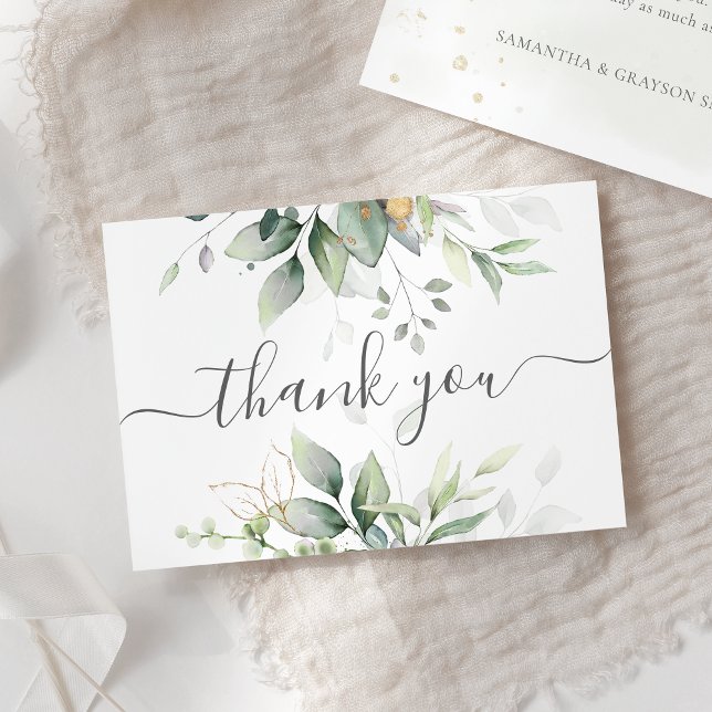 Elegant Eucalyptus Leaves Greenery Gold Wedding Thank You Card (Creator Uploaded)