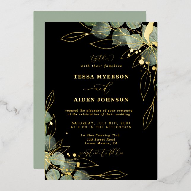 Elégant Eucalyptus Mariage Gold Foil Invitation (Recto/Verso)