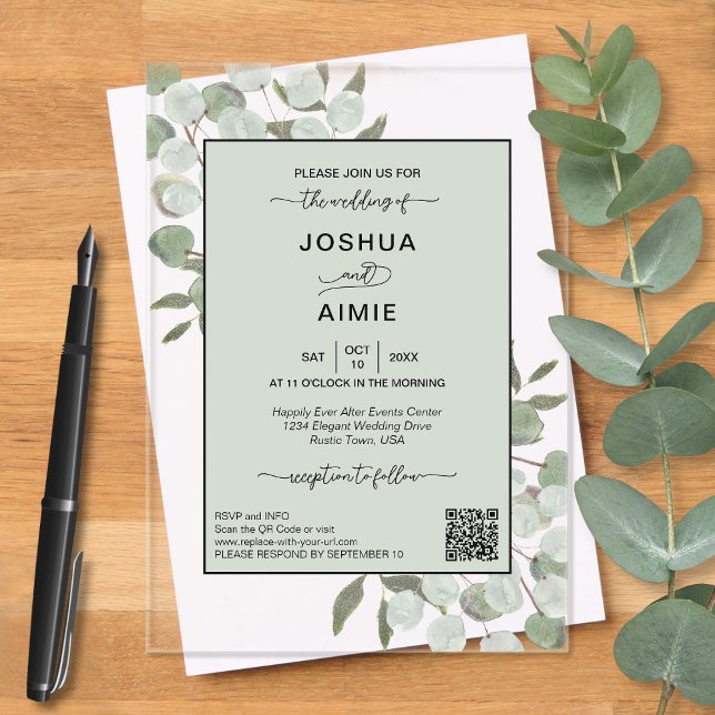 Elegant Eucalyptus Modern QR Code Wedding Acrylic Invitations (Clear Acrylic with Rectangle Cut)