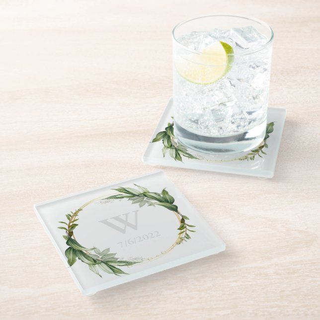 Elegant Eucalyptus Monogram Glass Coaster (Angled)
