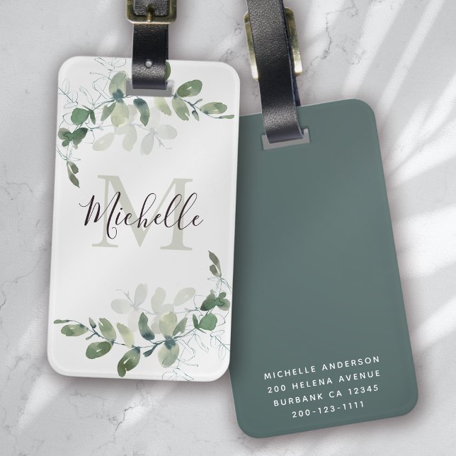 Elegant Eucalyptus Monogram Script Name  Luggage Tag (Creator Uploaded)