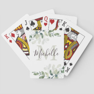 Elegant Eucalyptus Monogram Script Name Playing Cards