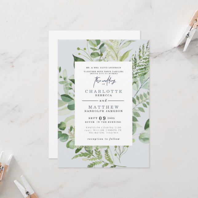 Elegant Eucalyptus Parents Dusty Blue Wedding  Inv Invitation (Front/Back In Situ)