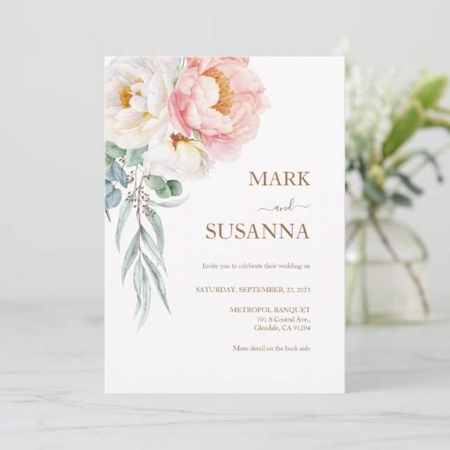Elegant Eucalyptus Peonies Wedding Invitation (Standing Front)
