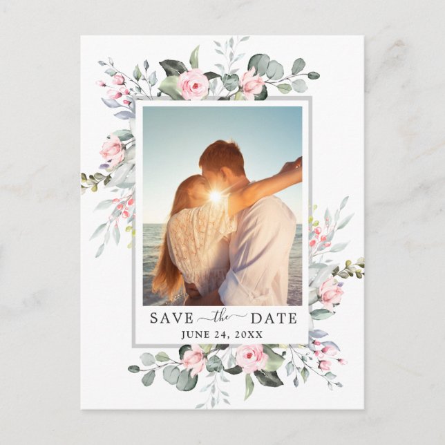 Elegant Eucalyptus PHOTO Wedding Save the Date Postcard (Front)