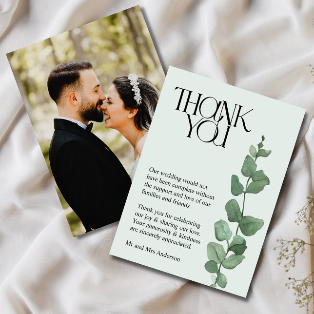 Elegant Eucalyptus Photo Wedding Thank You  Card (Elegant Wedding Photo Collage Thank You Card)