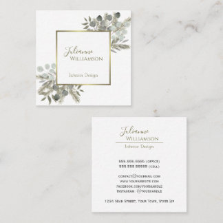 Elegant Eucalyptus & Pine Sage Green & Gold Square Business Card