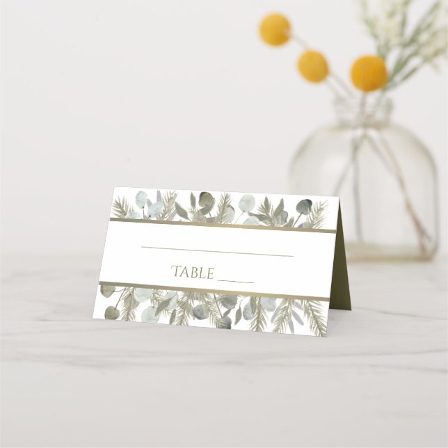 Elegant Eucalyptus & Pine Sage Green Gold Wedding Place Card (Front)