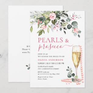 Elegant Eucalyptus Pink Flowers PEARLS & Prosecco Invitation