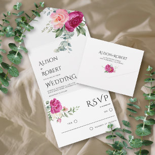 Elegant eucalyptus, pink rose flowers wedding all in one invitation