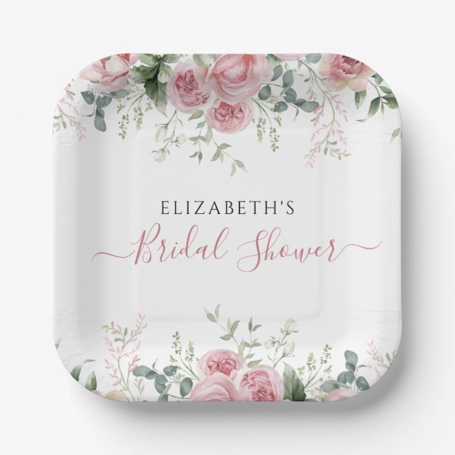 Elegant Eucalyptus & Pink Roses Invite Paper Plate (Front)