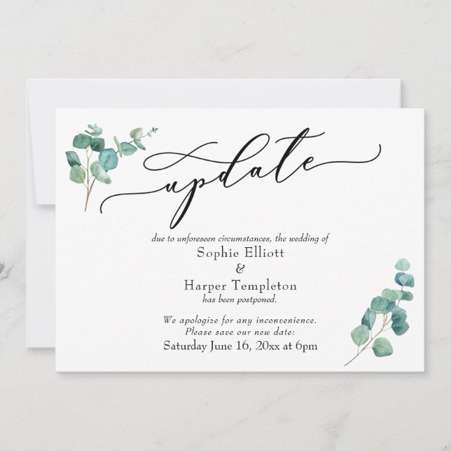 Elegant Eucalyptus Postponed Wedding Update Card (Front)