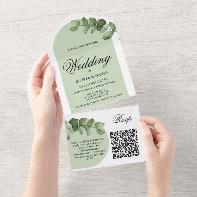 Elegant Eucalyptus QR Code   All In One Invitation (Tearaway)