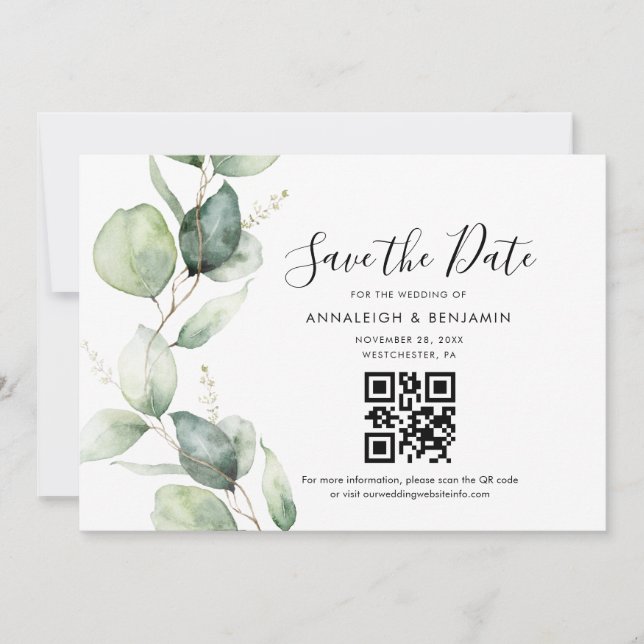 Elegant Eucalyptus QR Code Wedding Save The Date (Front)