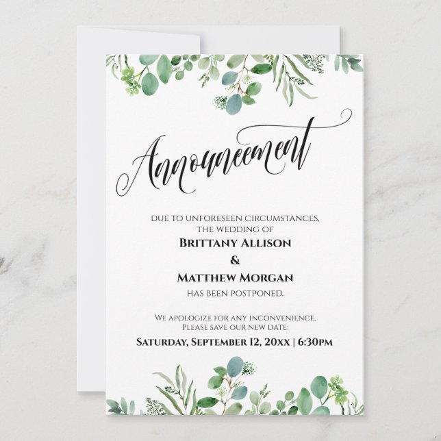 Elégant Eucalyptus Reporté Faire-part Mariage (Devant)