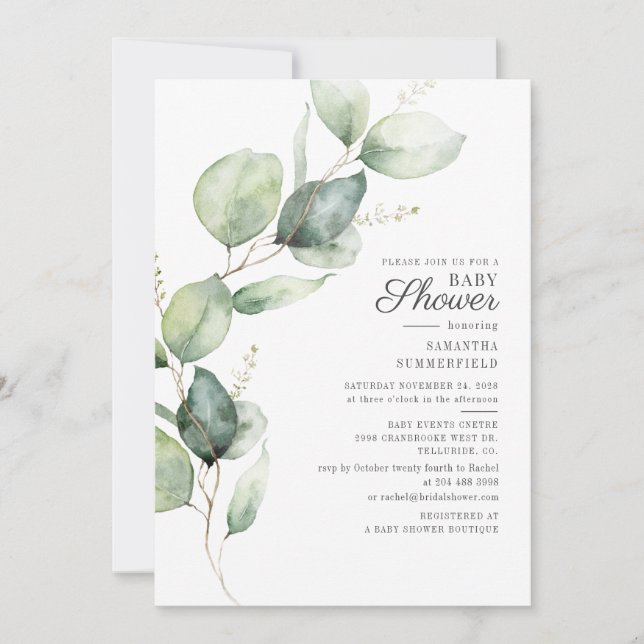 Elegant Eucalyptus Script Baby Shower Invitation (Front)