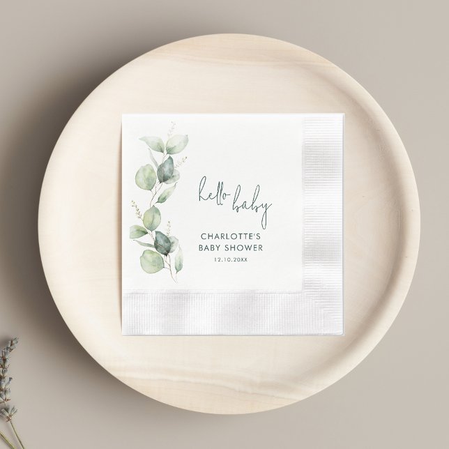 Elegant Eucalyptus Script Baby Shower Paper Napkin (Watercolor Eucalyptus Elegant Script Baby Shower Paper Napkin)