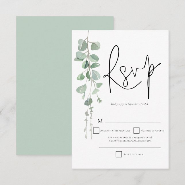 Elegant Eucalyptus Script Wedding RSVP  (Front/Back)