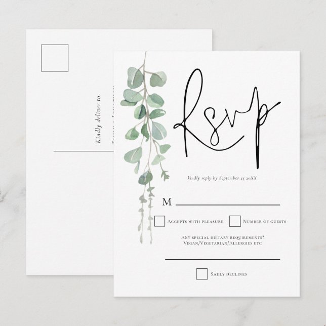 Elegant Eucalyptus Script Wedding RSVP  Invitation Postcard (Front/Back)