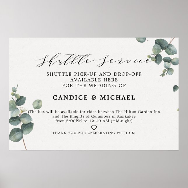 Elegant Eucalyptus Shuttle Service Wedding Sign (Front)