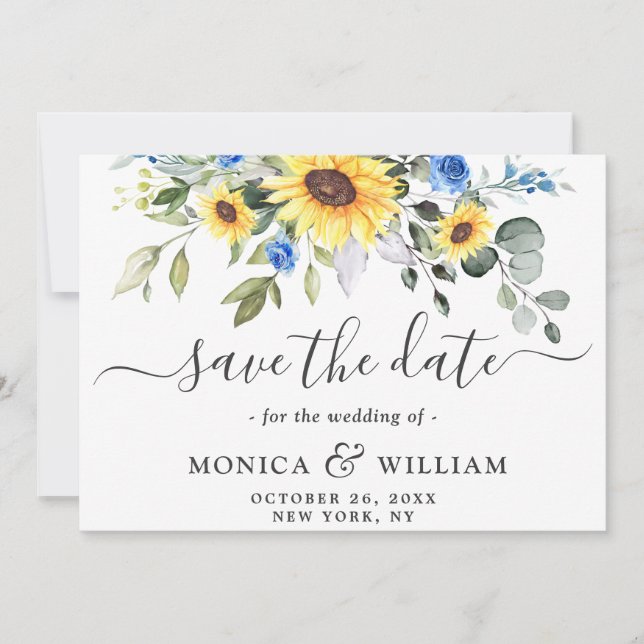Elegant Eucalyptus Sunflower Floral Wedding Save The Date (Front)