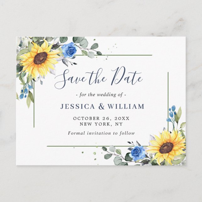 Elegant Eucalyptus Sunflower Wedding Save the Date Announcement Postcard (Front)
