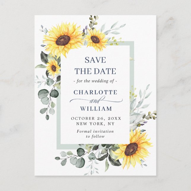Elegant Eucalyptus Sunflower Wedding Save the Date Postcard (Front)
