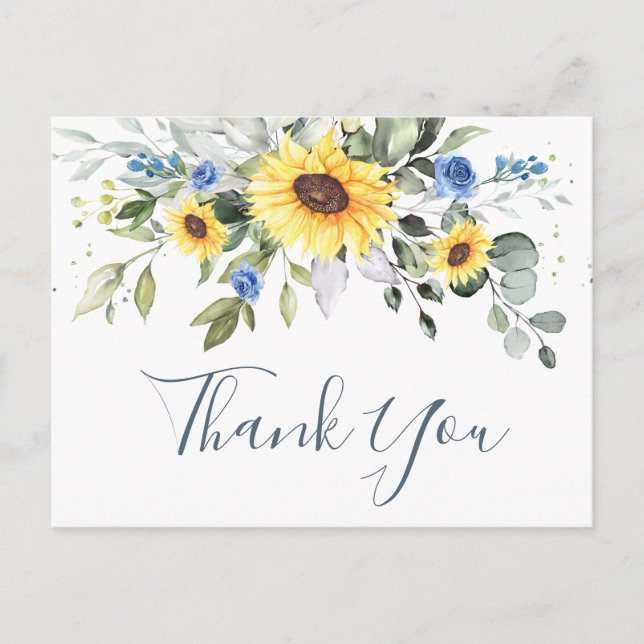 Elegant Eucalyptus Sunflowers Floral Thank You Postcard (Front)