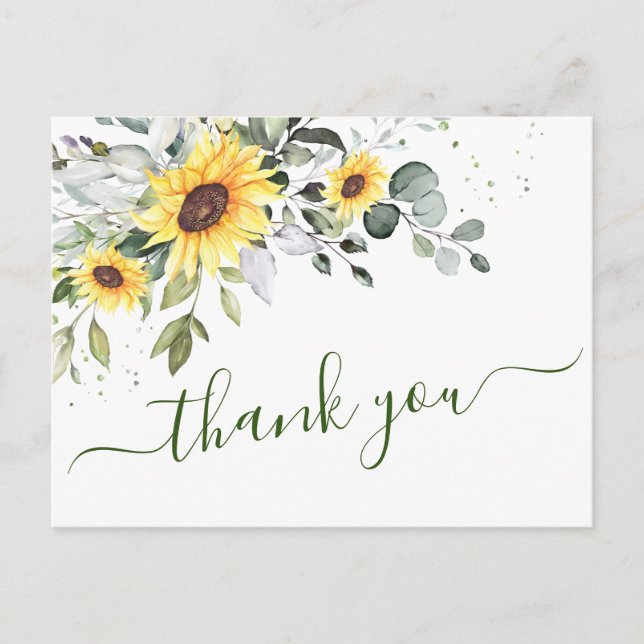 Elegant Eucalyptus Sunflowers Floral Thank You Postcard (Front)