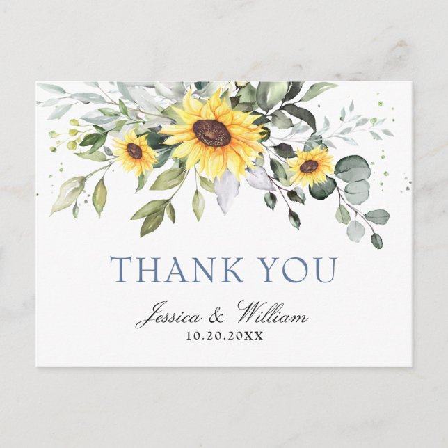 Elegant Eucalyptus Sunflowers Floral Thank You Postcard (Front)