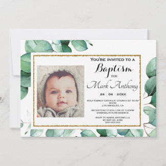 Elégant Eucalyptus Verdure Baptême Invitation