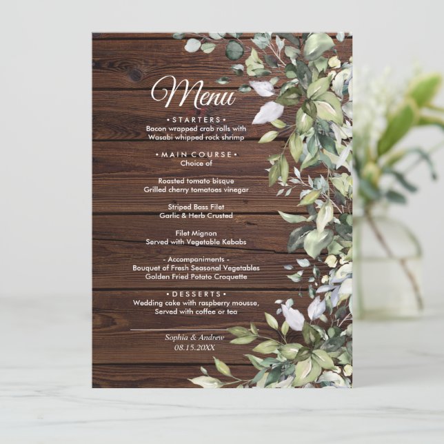 Elégant Eucalyptus verdure Bois Mariage Menu (Debout devant)