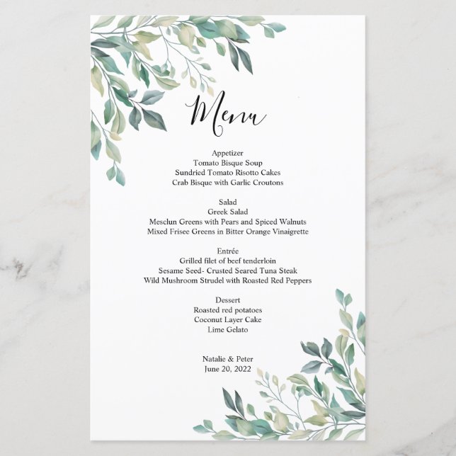 Elégant Eucalyptus Verdure Rustique Menu Mariage (Devant)