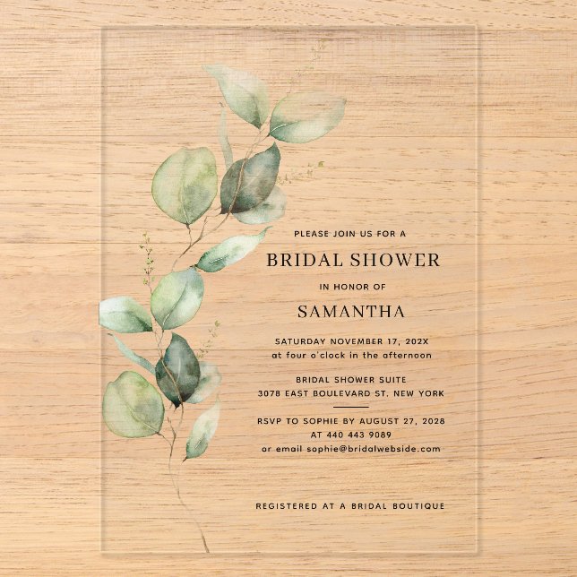 Elegant Eucalyptus Watercolor Bridal Shower Acrylic Invitations (Front)