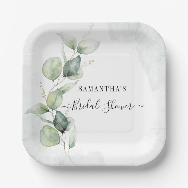 Elegant Eucalyptus Watercolor Bridal Shower Paper Plate (Front)