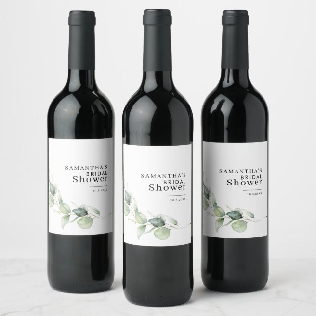 Elegant Eucalyptus Watercolor Bridal Shower Wine Label (Bottles)