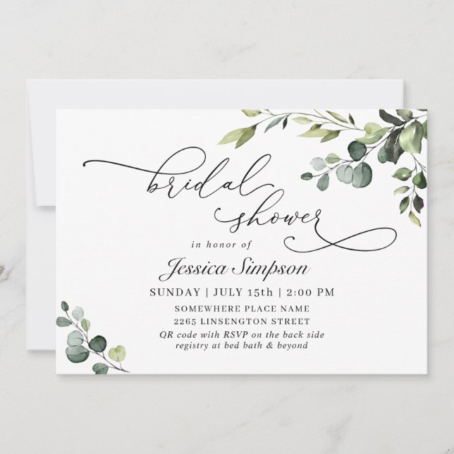 Elegant Eucalyptus Watercolor Floral Bridal Shower Invitation (Front)