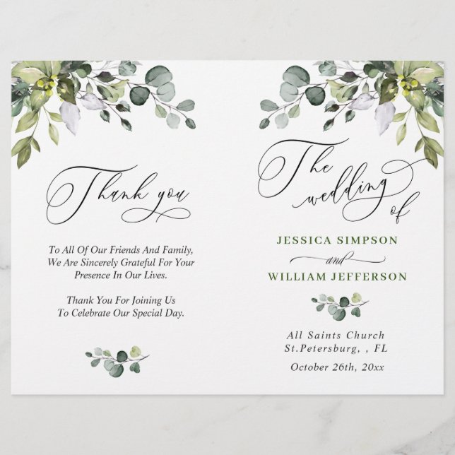 Elegant Eucalyptus Watercolor Wedding Program (Front)
