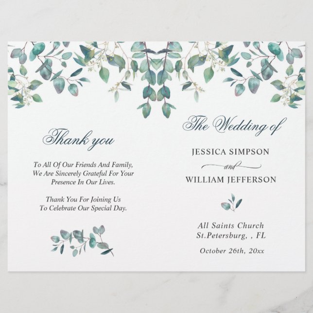 Elegant Eucalyptus Watercolor Wedding Program (Front)