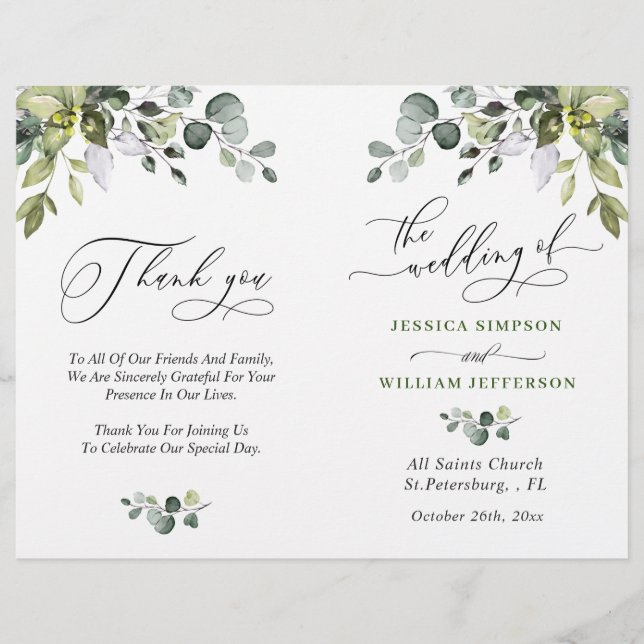 Elegant Eucalyptus Watercolor Wedding Program (Front)