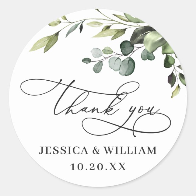 Elegant Eucalyptus Watercolor Wedding Thank You Classic Round Sticker (Front)