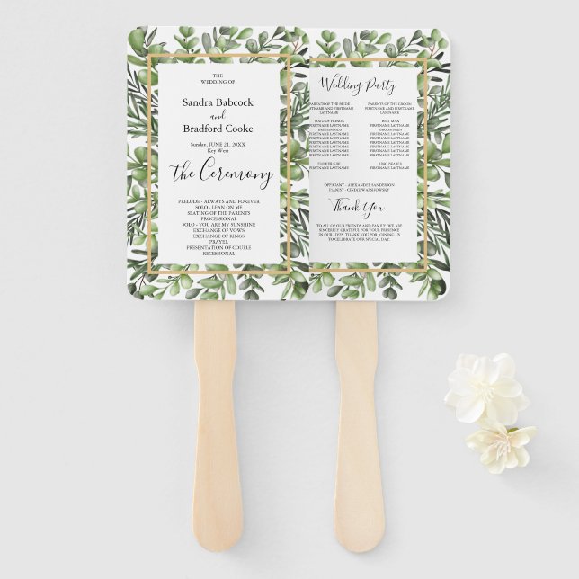 Elegant Eucalyptus Wedding Ceremony Program   Hand Fan (Front and Back)