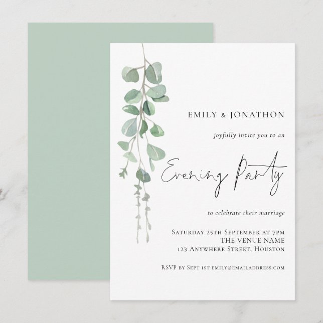 Elegant Eucalyptus Wedding Evening Party Invitation (Front/Back)