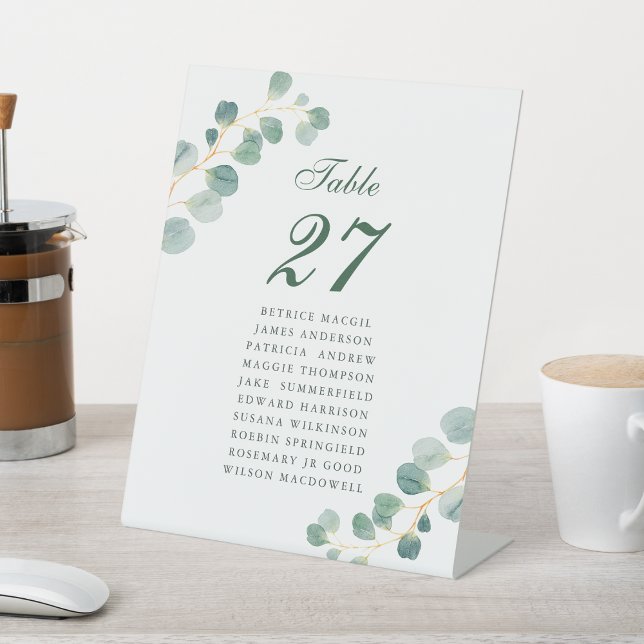 Elegant Eucalyptus Wedding Guest Name Table Number Pedestal Sign (Creator Uploaded)